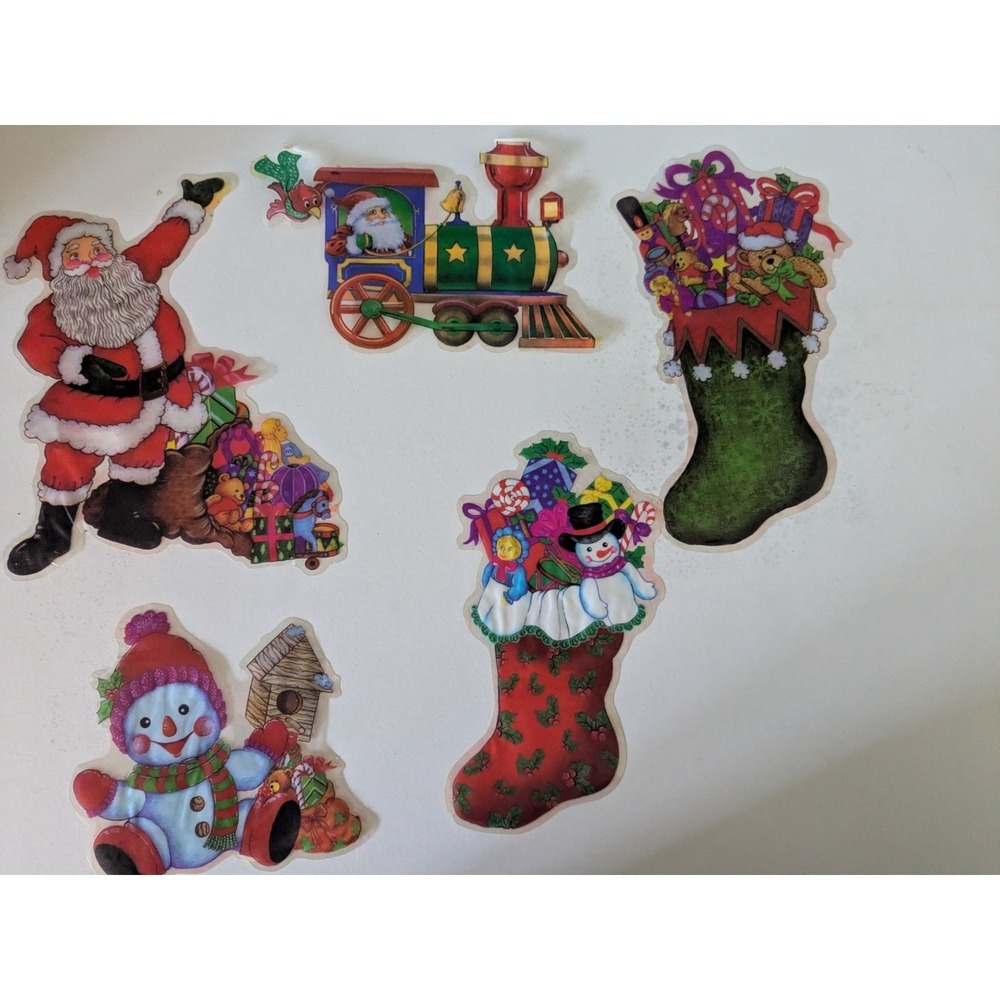 Vintage Christmas Window Clings Lot Santa Snowman Train Stocking Retro Decor